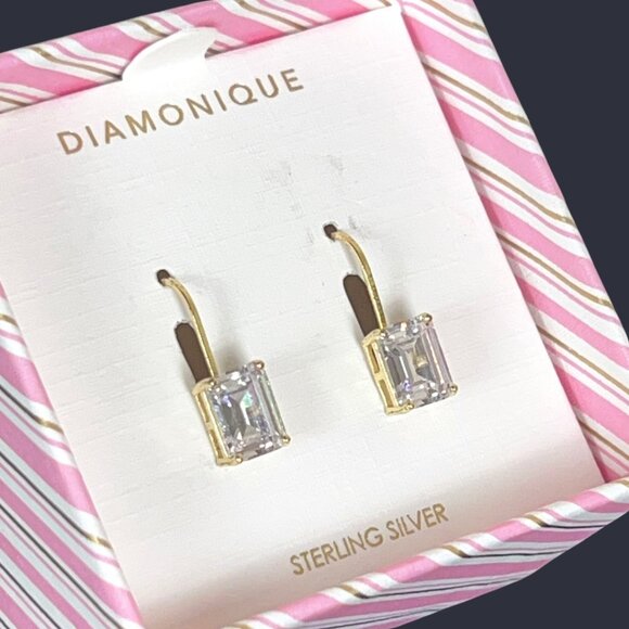Diamonique Sterling Silver Emerald Cut CZ Drop Earrings * Last Pair - Picture 3 of 9